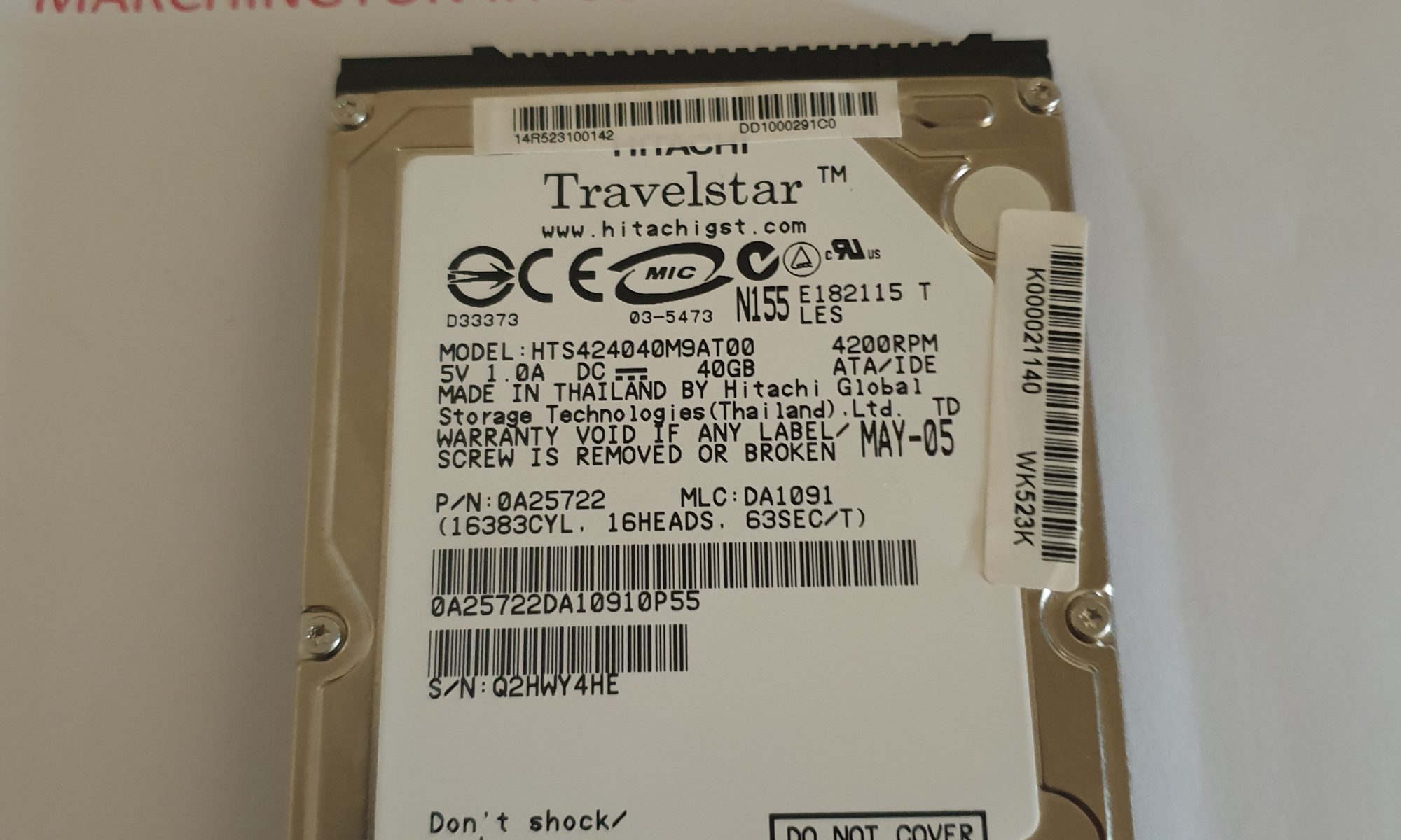 Hitachi Travelstar HTS424040M9AT00 40GB IDE PATA 2.5” 4200RPM Laptop Hard Drive
